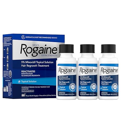 Men’s Rogaine Extra Strength 5% Minoxidil, Topical Solution for Thinning & Hair Loss, Clinically Proven FDA Approved Minoxidil for Men Treatment, Regrow Fuller Hair, 3 Month Supply, 3 Bottles